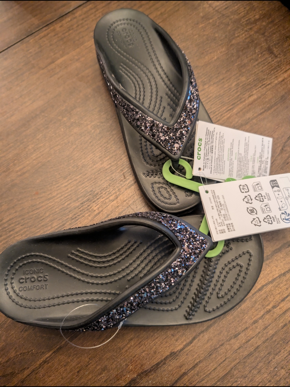 CROCS Black Flip Flops with Multicolor Glitter Straps